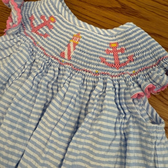 Southern Sunshine Smocked Seersucker Dress with Anchors and Lighthouse Size 12M - Picture 2 of 7